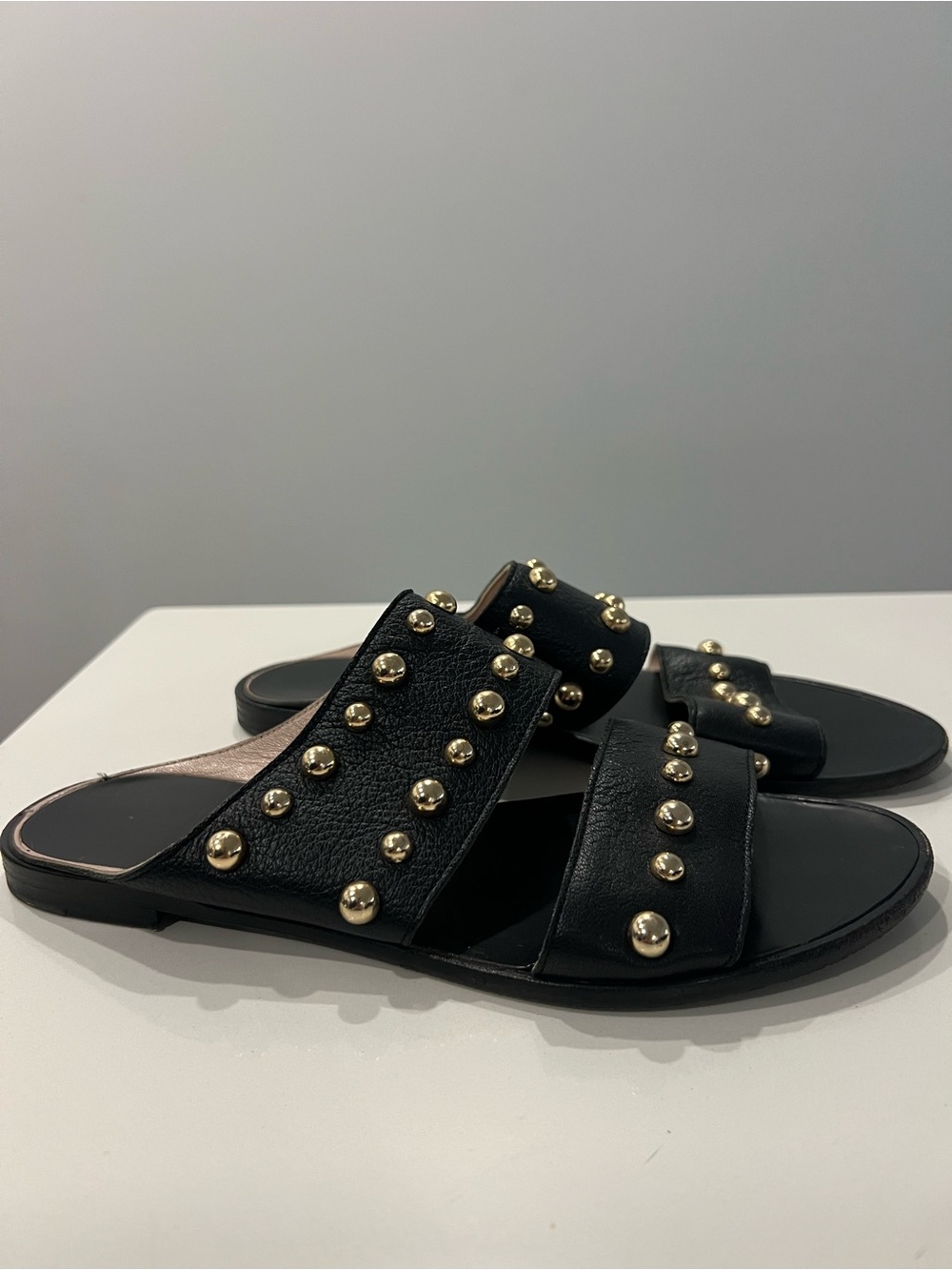 Lanvin Black Leather Slide Sandals with Gold Studs